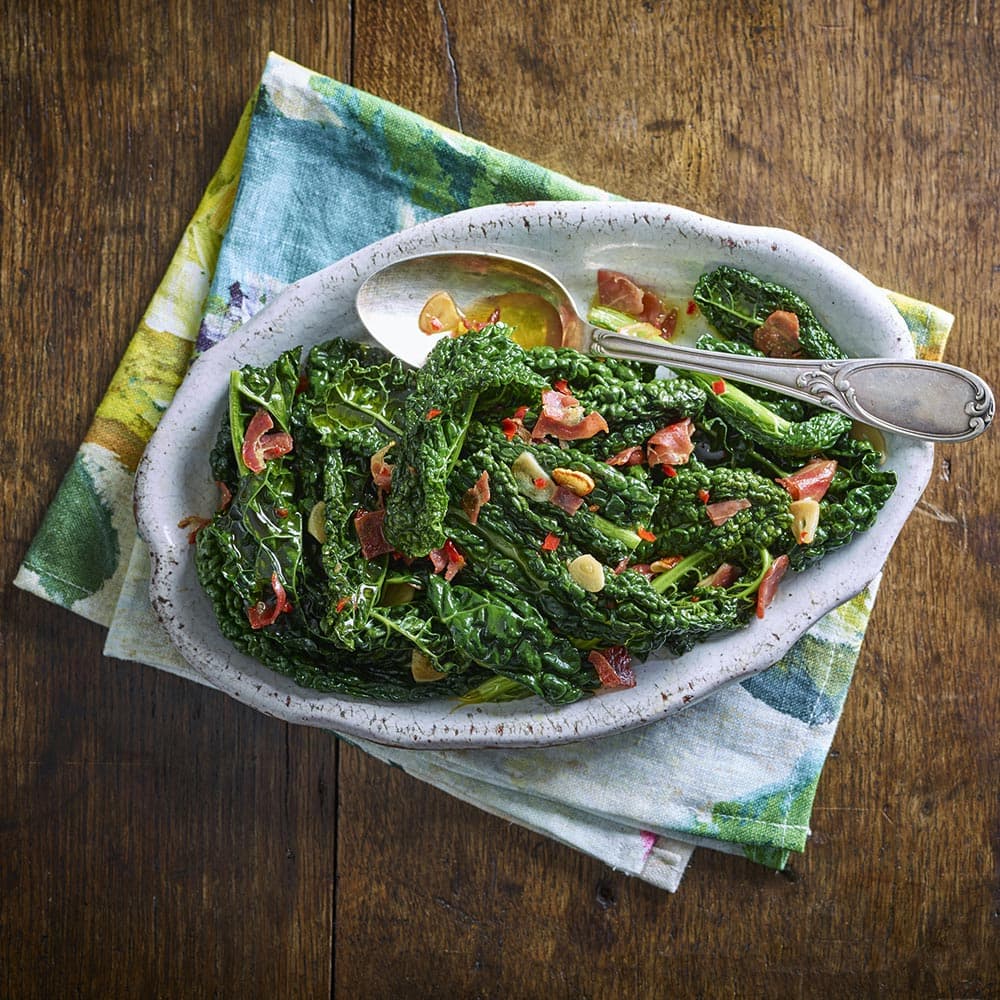 Kale with garlic, chilli and serrano ham from La Española Olive Oil Instagram