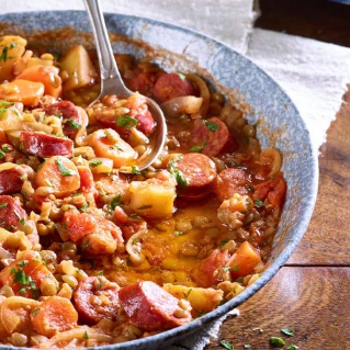 Lentil, chorizo and vegetable stew