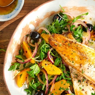 Pan fried seabass with orange and olive salad