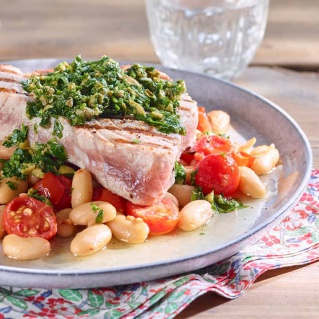 Tuna steaks with white beans and salsa verde