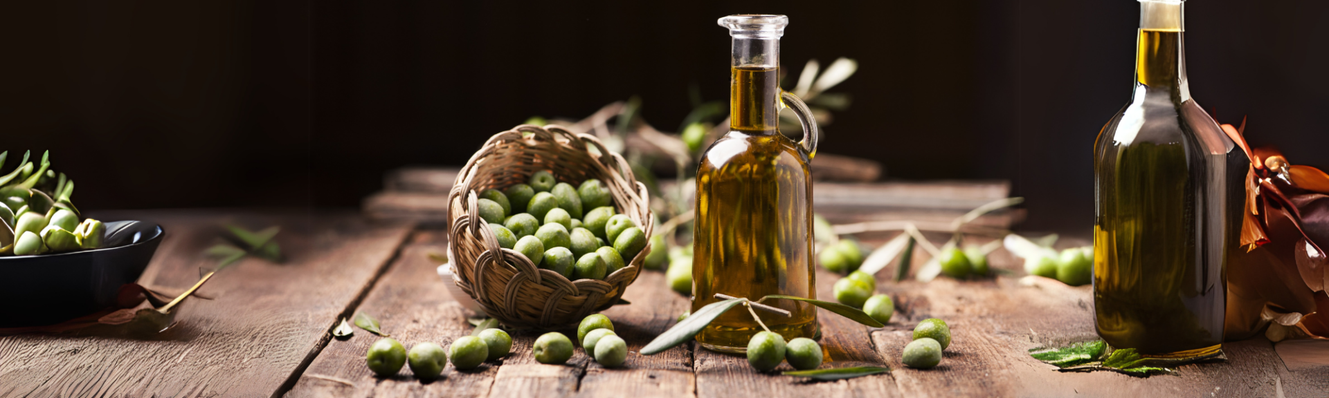 Wooden rustic table with Spanish olives displayed next to a glass of golden extra virgin olive oil